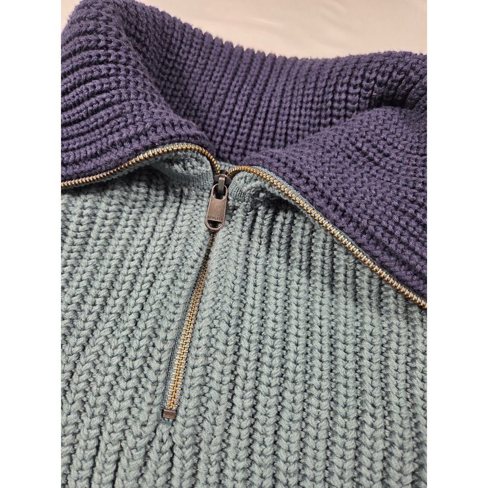 Athleta Womens Small Quarter Zip Ribbed Knit Sweater Teal Navy Blue 0141
